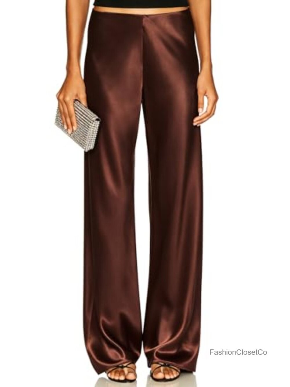 Satin Wide Leg Dress Pants Hidden Elasticized Waistband Flowy Loose Trousers